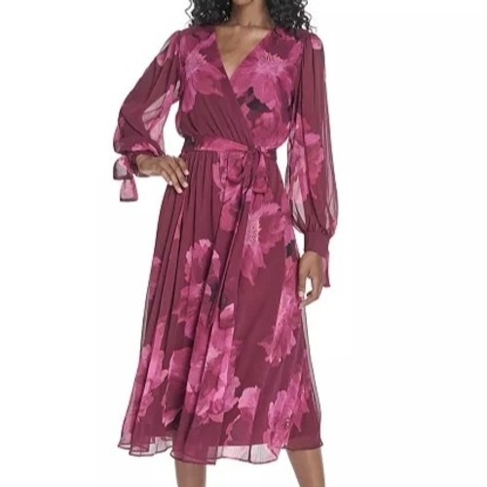 Calvin Klein Tie Sleeve Surplice Neck Belted Midi Pink Dress Womens Size 2 NWT